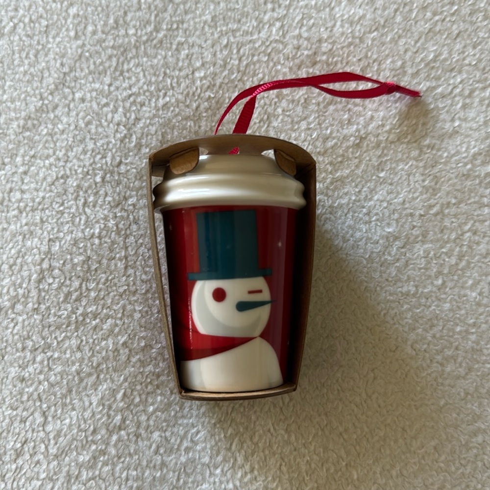 Starbucks Red Ceramic Snowman Ornament 2012 NWT